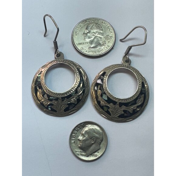 Vintage Sterling Silver 925 Mexico Abalone Inlay Dangle Hoop Earrings 9.7g - Picture 6 of 8